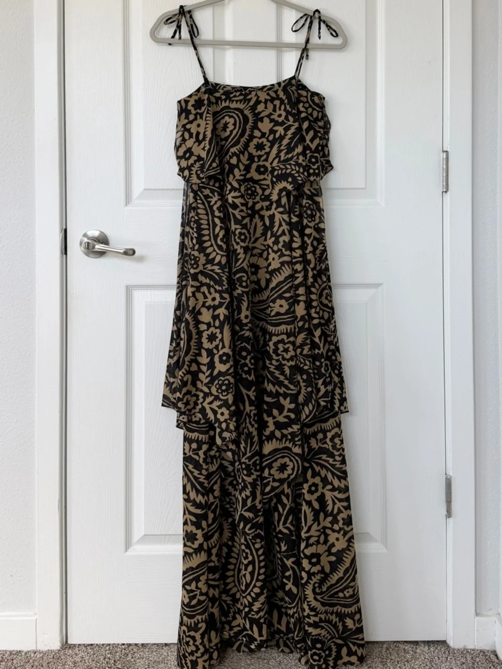 70’s Vintage Black & Tan Printed Tiered Maxi Handkerchief Dress with Tie Straps - Picture 2 of 6